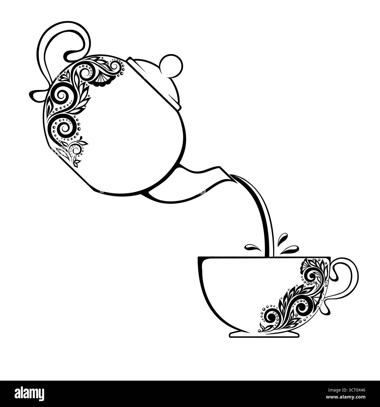 Le contour de la tasse et théière avec élément floral. Illustration de Vecteur