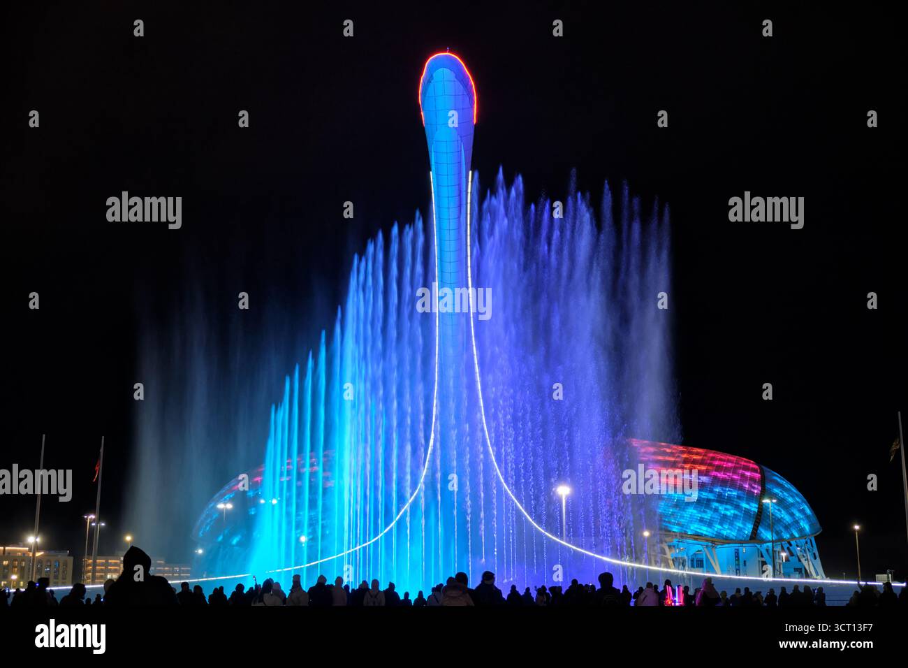 Sotchi, Russie - 20 janvier 2025 : chanter des fontaines musicales avec Bowl de l'oiseau de feu de flamme olympique à Sotchi la nuit, Parc olympique, Russie. Fisht Oly Banque D'Images