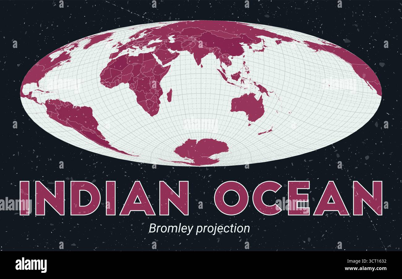 Océan Indien. Carte du monde. Projection de Bromley centrée sur l'océan Indien. Palette Pink foncé menthe pâle. Texture vintage. Illustration vectorielle authentique. Illustration de Vecteur