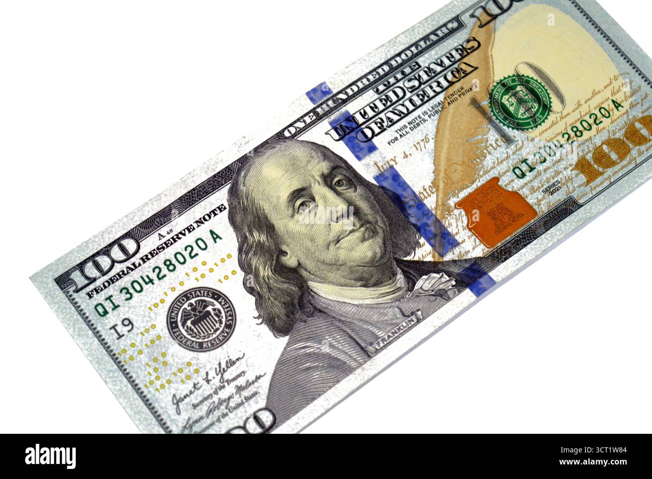 Le côté avers d'un billet de 100 USD cent dollars américains en espèces, présente le portrait de Benjamin Franklin avec la Déclaration d'indépendance Banque D'Images