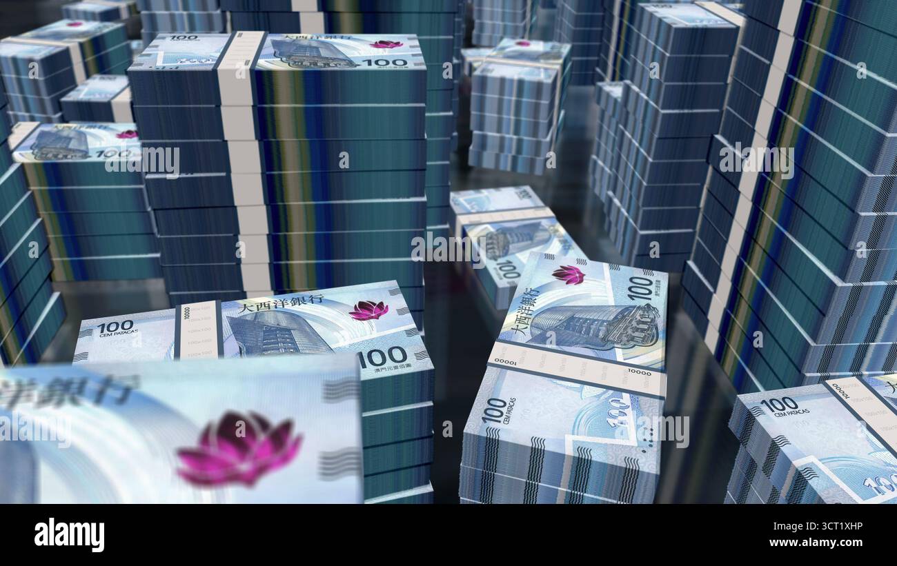 Macau pataca Macanese Money Pack illustration 3D. 100 piles de paquets de billets MOP. Concept de finance, trésorerie, crise économique, succès commercial, récessio Banque D'Images