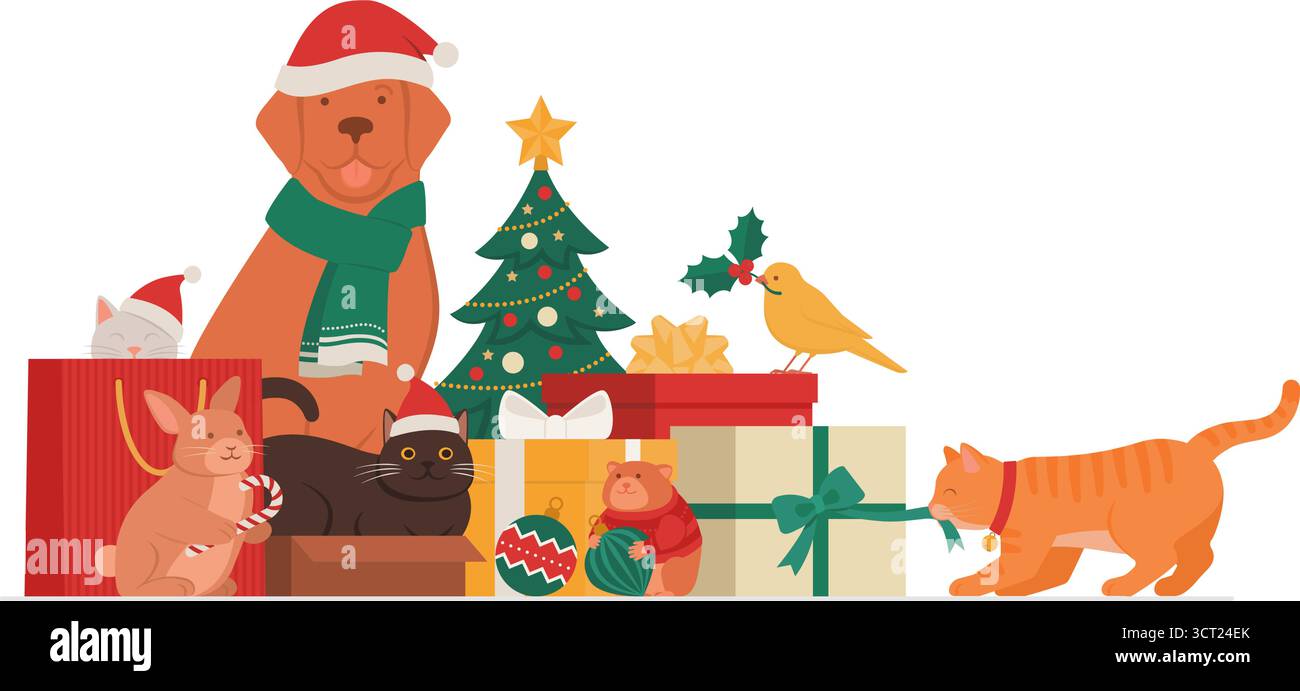 Heureux animaux célébrant Noël ensemble : ils posent, jouent avec des cadeaux et des décorations, bannière avec espace de copie Illustration de Vecteur