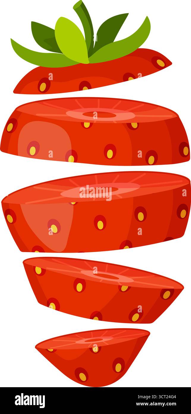 Fraise tranchée, séparée en plusieurs couches. Tranches de fraises fraîches volantes. Style plat dessiné à la main isolé. pour autocollants, menus, applications, affiches, design. Illustration vectorielle Illustration de Vecteur