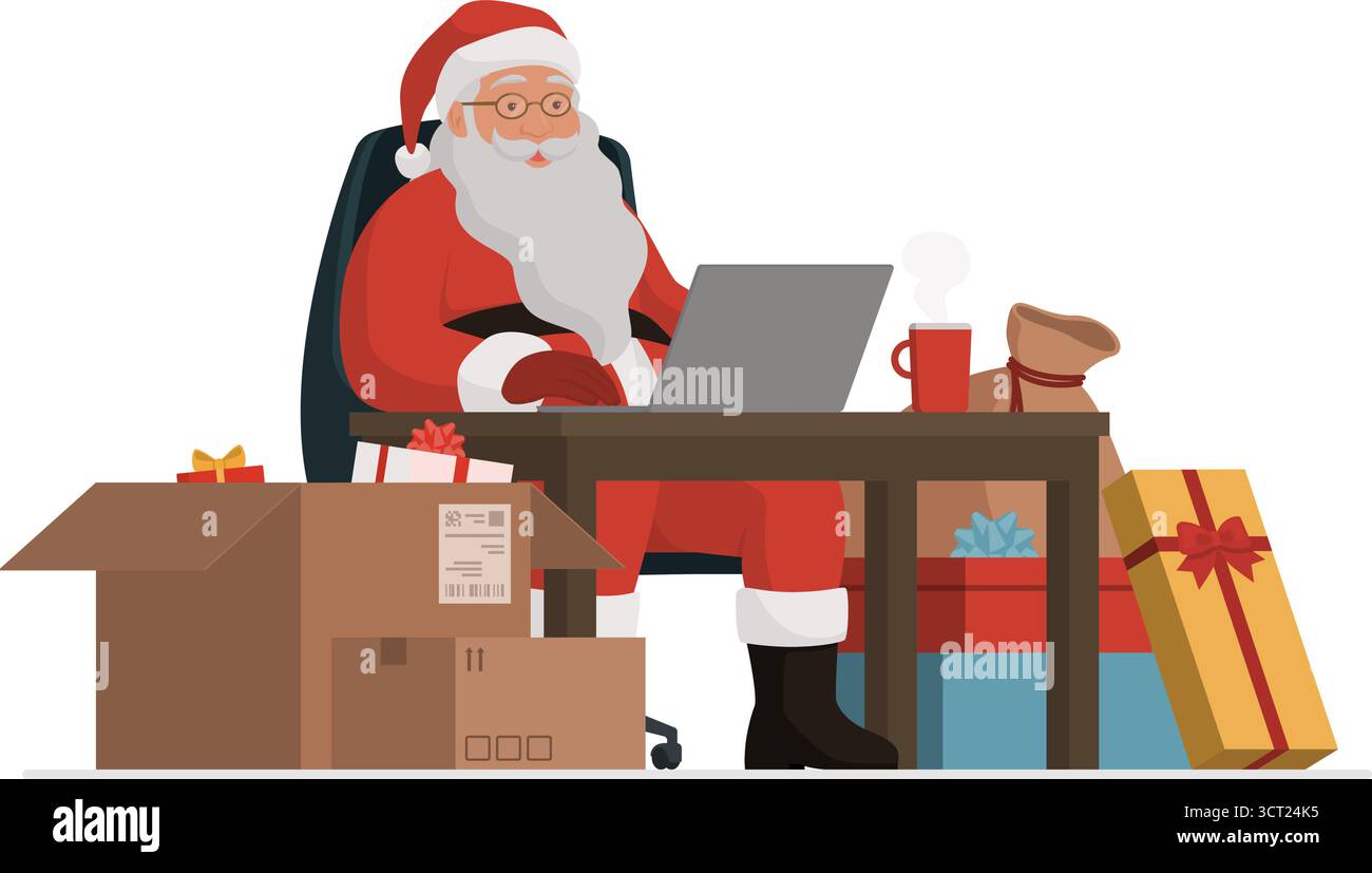Efficace Père Noël assis à son bureau et travaillant avec un ordinateur portable, il reçoit et livre des cadeaux de Noël Illustration de Vecteur