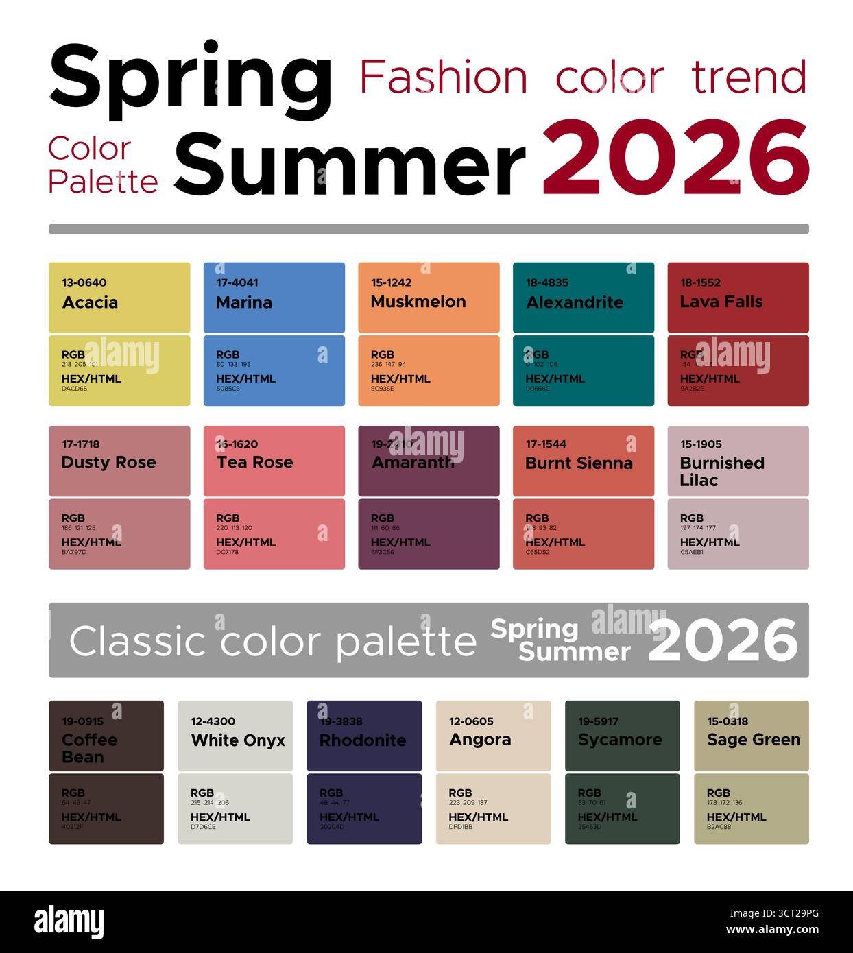 Tendances de couleur de mode printemps été 2026. Palette de couleurs mode guide avec des nuances de couleurs nommées, RVB, couleurs HEXADÉCIMALES Illustration de Vecteur