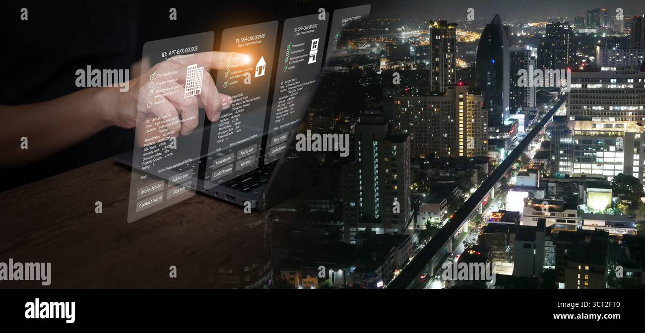 Interface technologique futuriste montrant la stratégie de gestion immobilière et l'analyse immobilière pour des décisions d'investissement intelligentes. PropTech moderne innove Banque D'Images