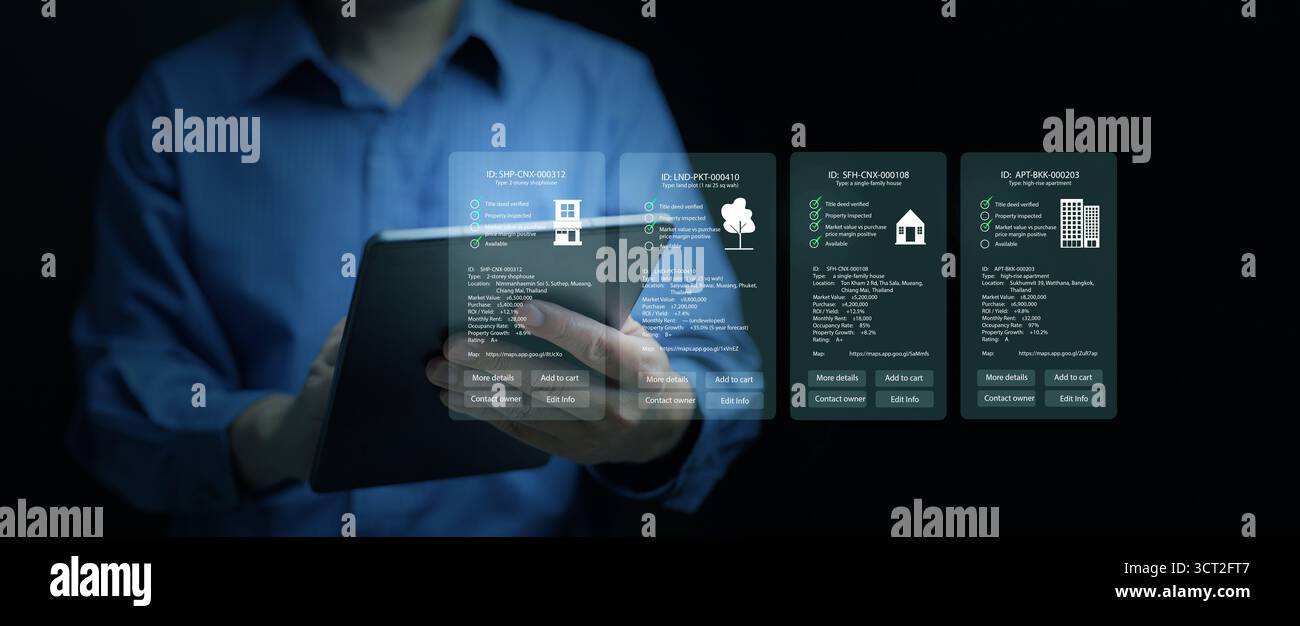 Système futuriste de gestion immobilière avec interface de données numériques sur tablette pour la stratégie immobilière et l'analyse intelligente des investissements. PropTech, ai et Banque D'Images