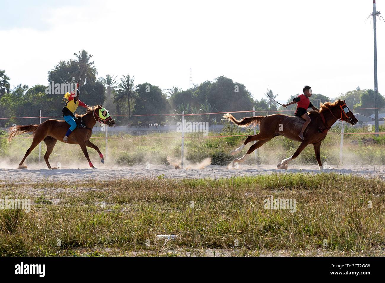 Spectaculaire course de chevaux traditionnelle, festival à Waingapu dans la partie ouest de l'île de sumba, enfants jockeys en compétition sur des chevaux de course, Sumba, Indonésie Banque D'Images