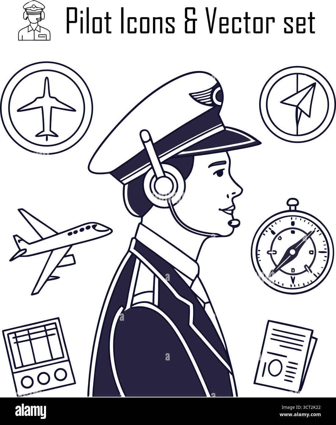 Pilote de ligne aérienne commerciale en uniforme debout en toute confiance dans un terminal d'aéroport avant un vol, concept de style de vie professionnel de l'aviation Illustration de Vecteur