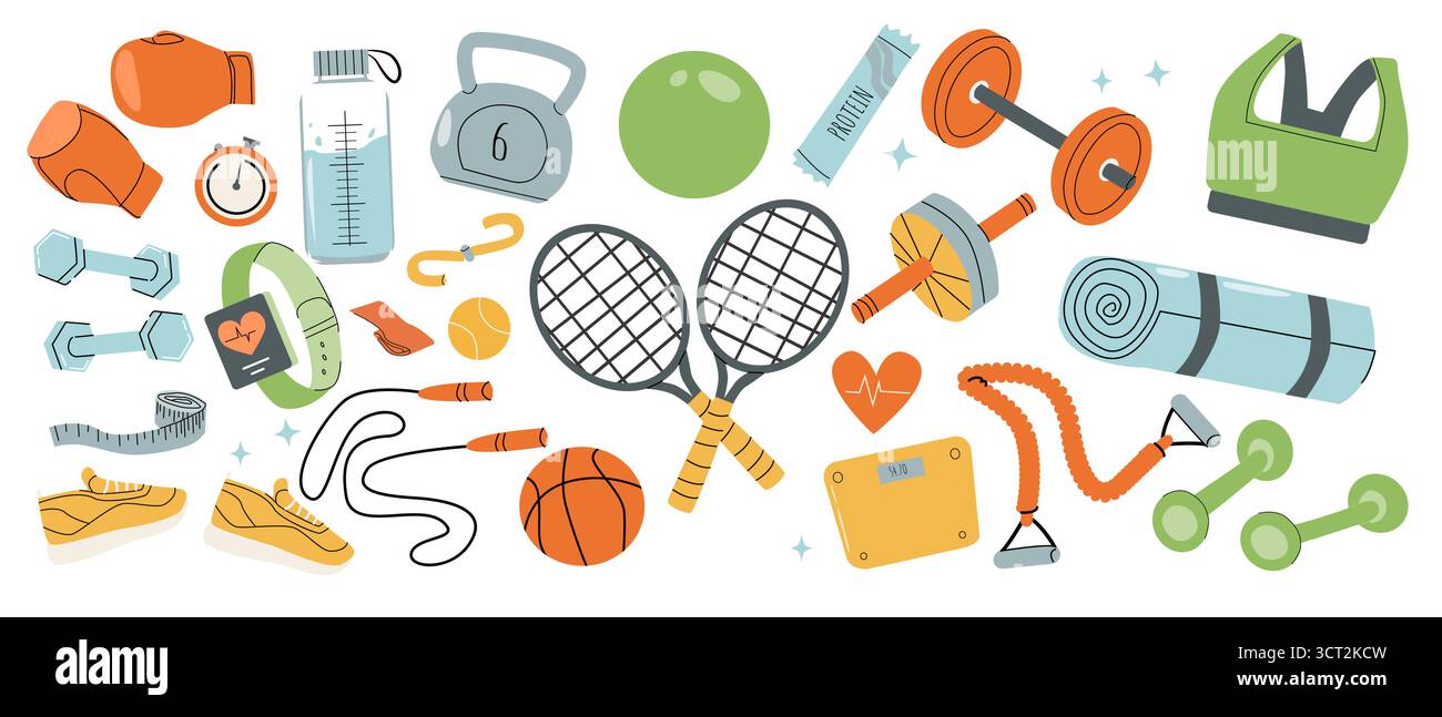 Ensemble vectoriel d'équipement de sport et de fitness, accessoires de gymnastique et d'entraînement, y compris haltères, barre, tapis de yoga, balle, baskets et tennis. Dessin animé plat il Illustration de Vecteur