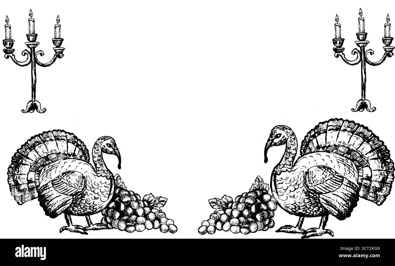 Modèle de bordure de dîner de Thanksgiving vintage pour cartes d'invitation, couvertures. Croquis de gravure dessiné à la main de dinde jour de Thanksgiving, Elemen de fête de moisson Illustration de Vecteur