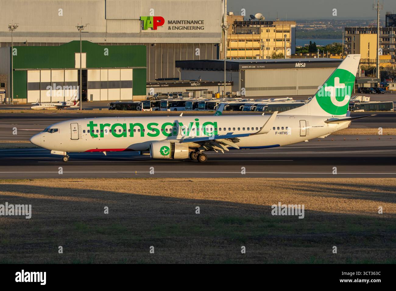 Avión de Línea Boeing 737 800 de la aerolínea de bajo coste Transavia France en el aeropuerto de Lisboa con matrícula F-HTVS Banque D'Images