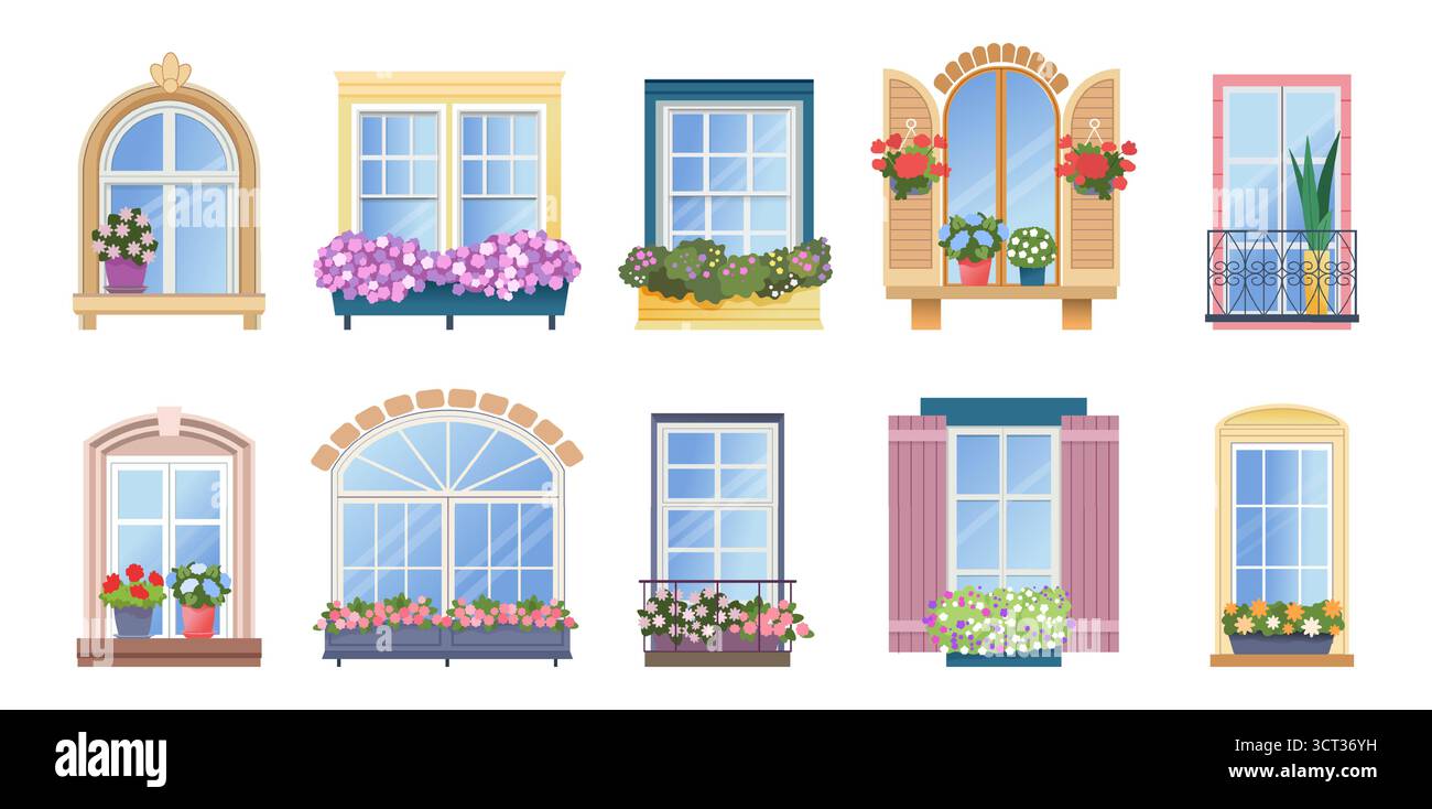 Balcon européen. Fenêtre, cadre de porte avec des fleurs dans l'ancien bâtiment de rue, verre classique français vintage, éléments architecturaux extérieurs classiques. Conception vectorielle, illustration isolée de style plat de dessin animé Illustration de Vecteur