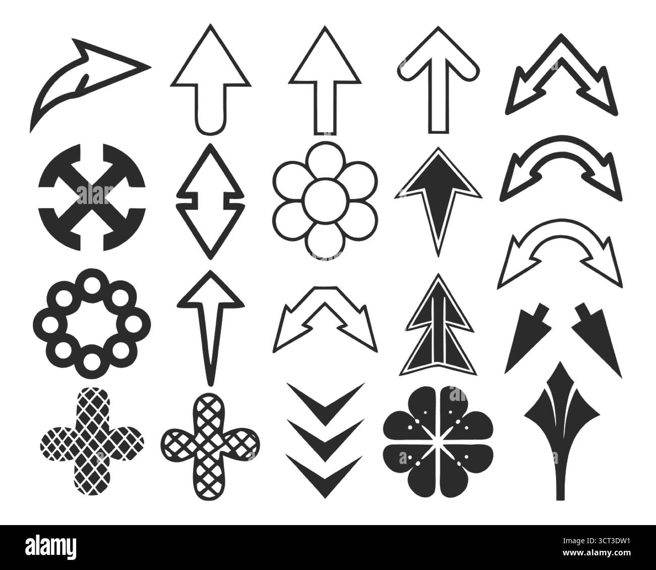 Ensemble de flèches et de vecteurs d'icônes divers : formes géométriques, symboles haut, bas, courbes et directionnels Illustration de Vecteur