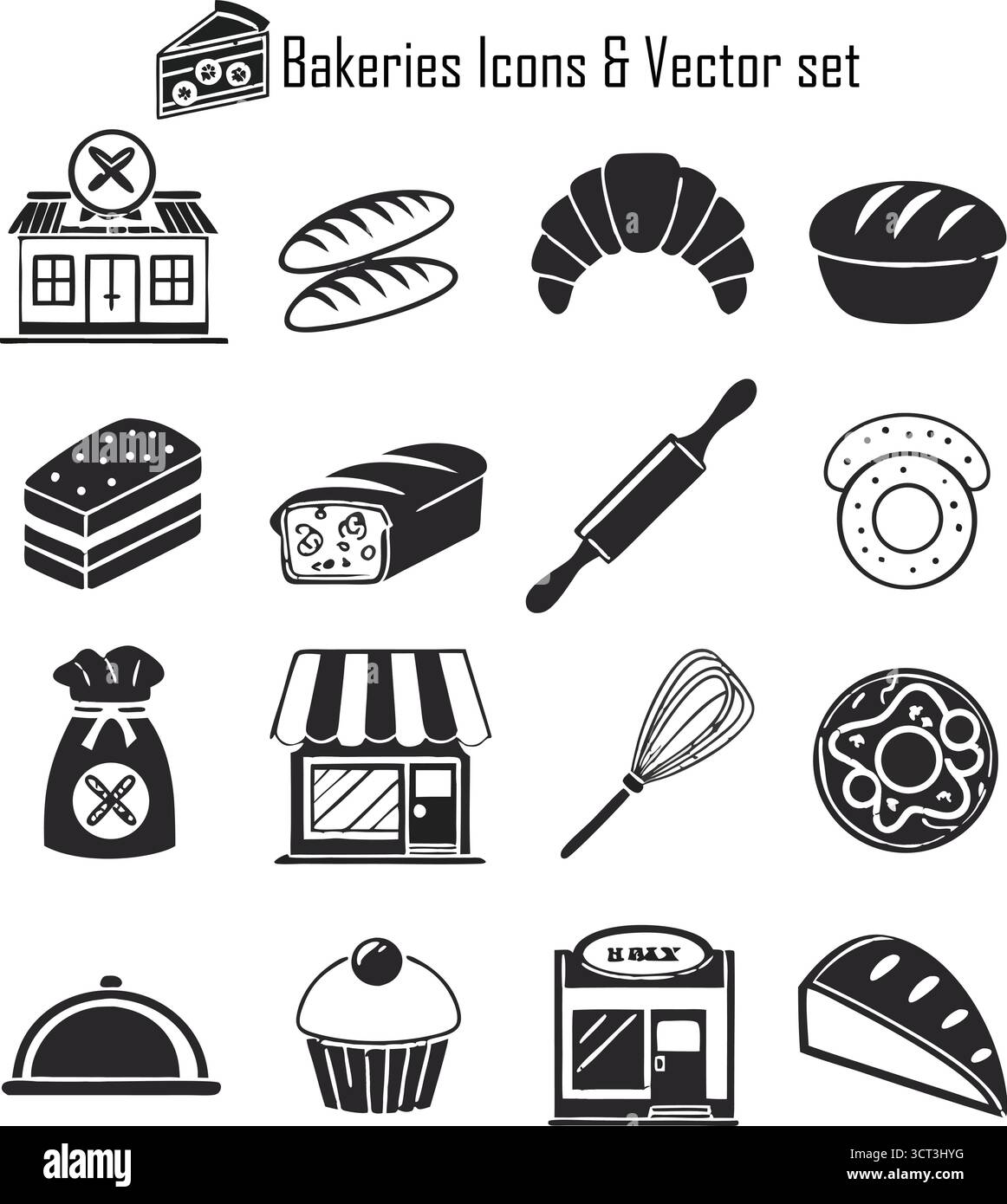 Ensemble vectoriel d'icônes de boulangerie - pain, gâteau, pâtisserie, outils de cuisson Illustration de Vecteur