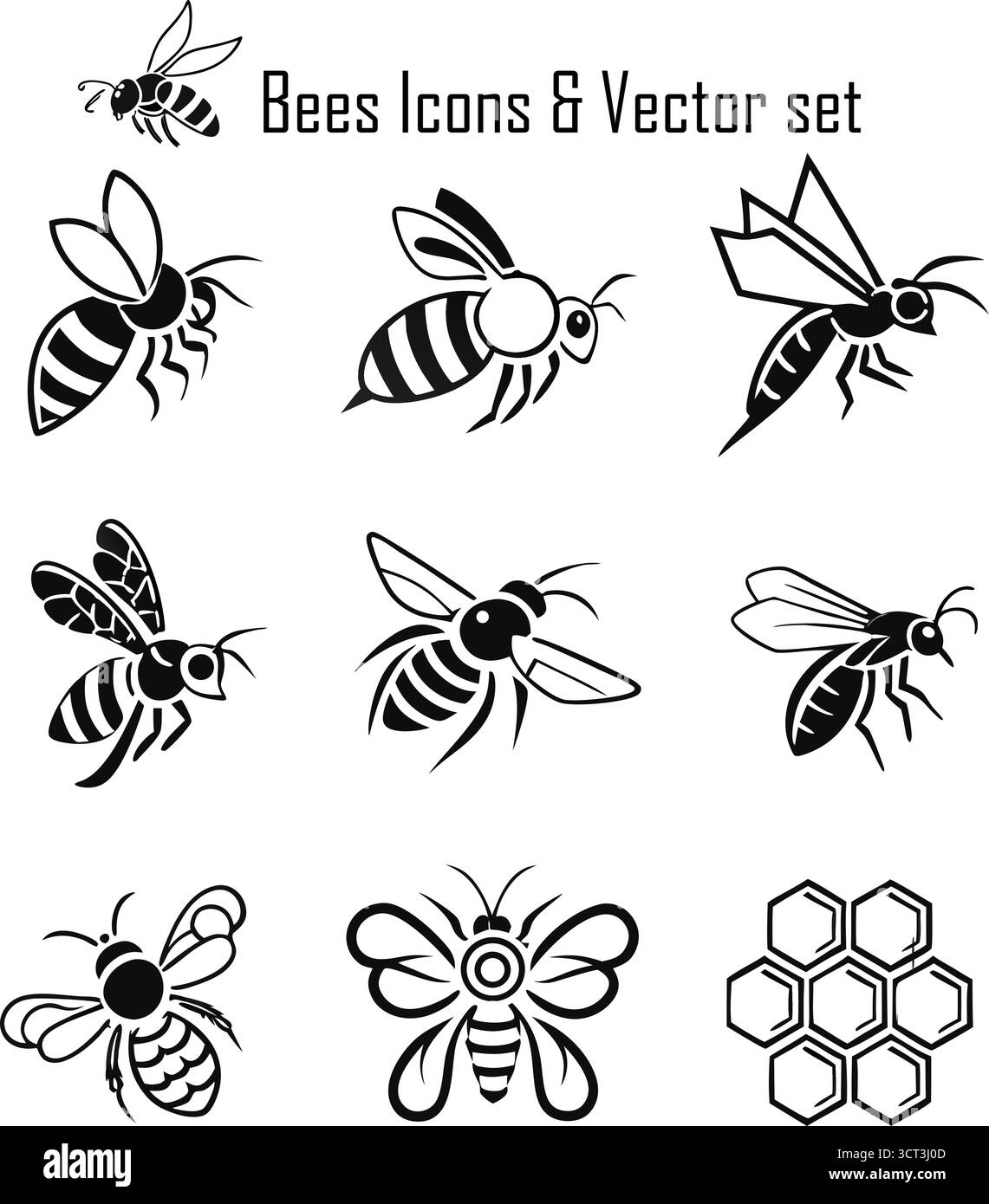 Ensemble d'icônes d'abeilles – Collection vectorielle d'abeilles de miel mignonne, symboles d'apiculture et de conservation de la nature Illustration de Vecteur