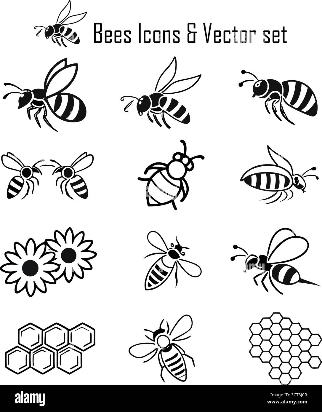 Ensemble d'icônes d'abeilles – Collection vectorielle d'abeilles de miel mignonne, symboles d'apiculture et de conservation de la nature Illustration de Vecteur