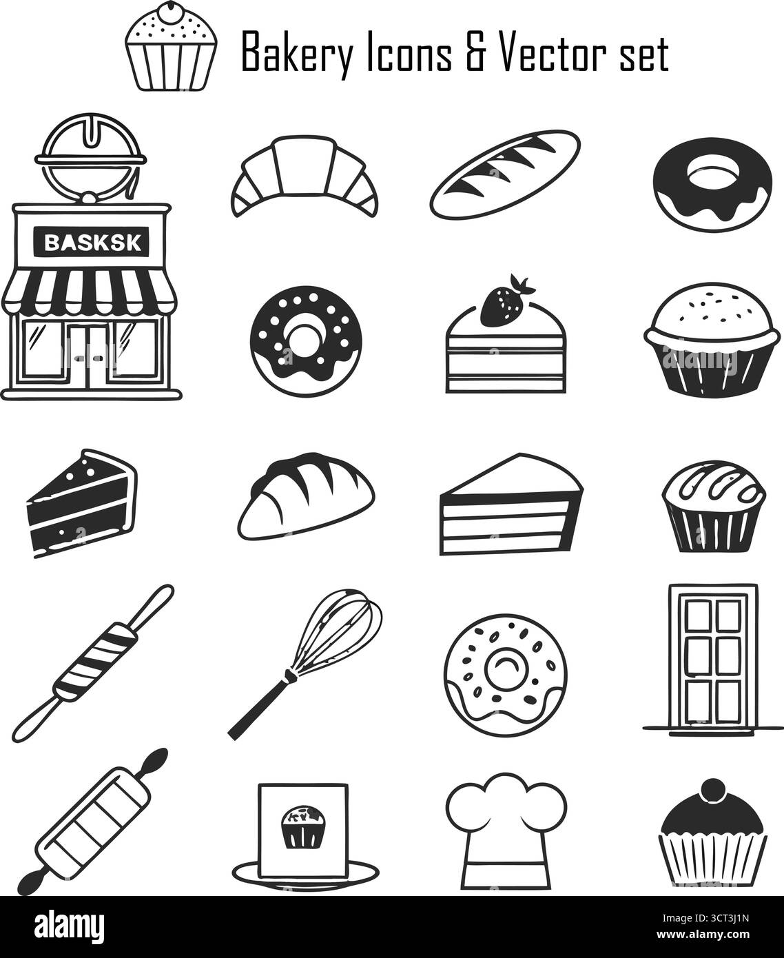 Ensemble d'icônes de boulangerie – Collection vectorielle de pain frais, pâtisserie, gâteau et outils de cuisson Illustration de Vecteur