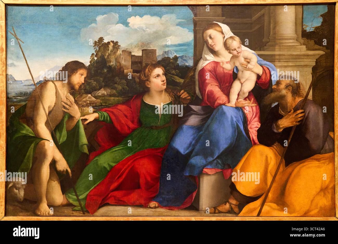 JACOPO NEGRETTI connu sous le nom de PALMA il VECCHIO (Serina,1480 circa - Venezia, 1528), Madonna con il Bambino e i santi Giovanni Battista d'Alessandria e Gius Banque D'Images