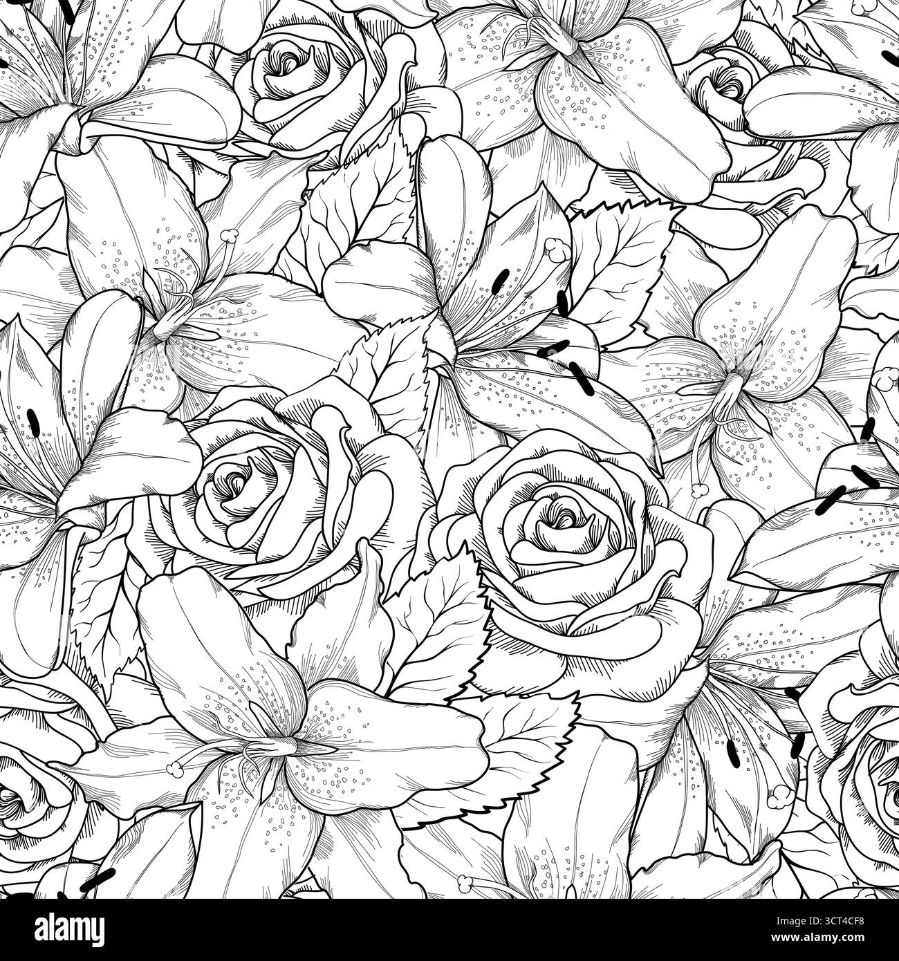 fond sans couture avec des lis noirs et blancs et des roses Illustration de Vecteur