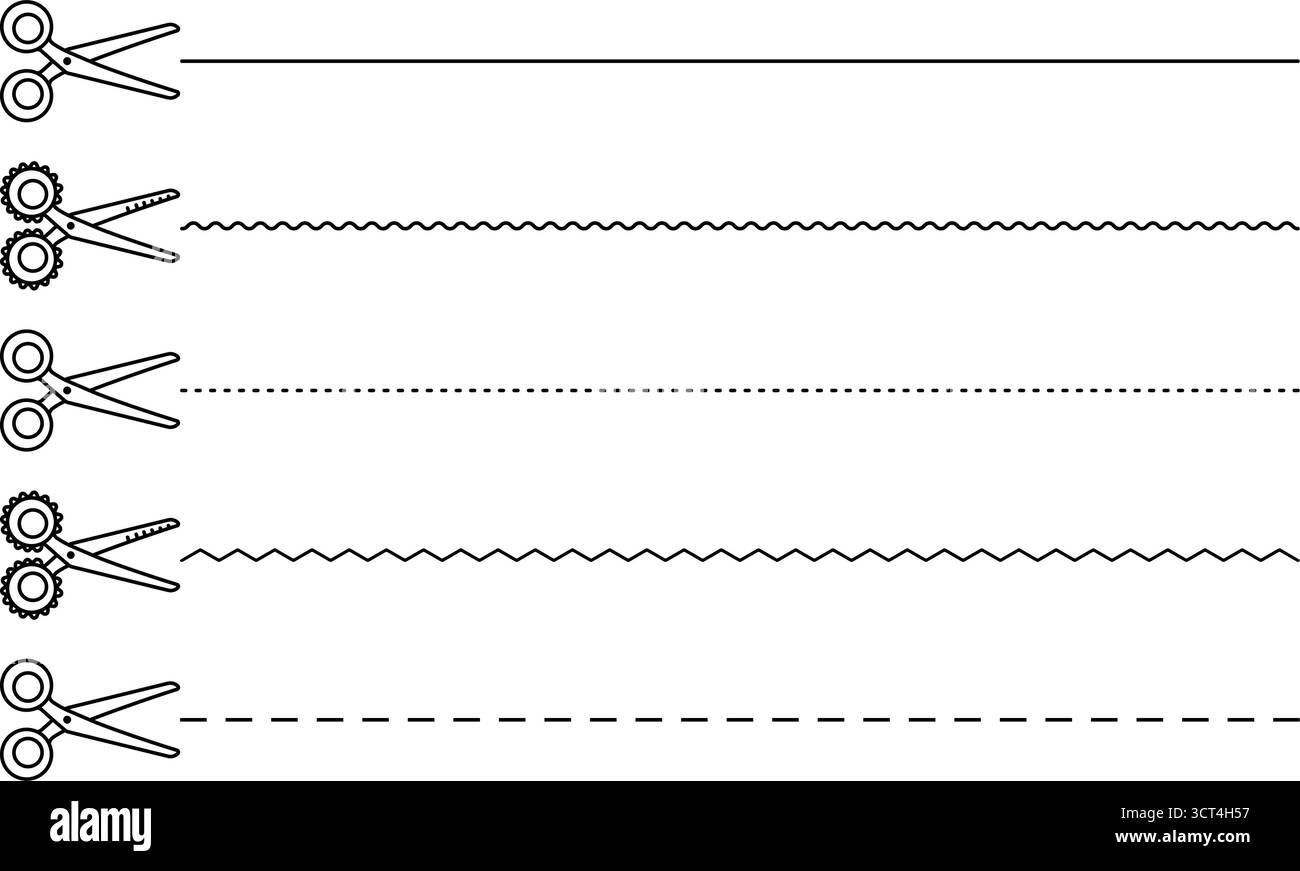 Ciseaux lignes de coupe définies, ciseaux linéaires noirs élégants et simples dans différents styles et formes. Lignes de coupe à travers les pages de papier, paquet monochrome vectoriel Illustration de Vecteur