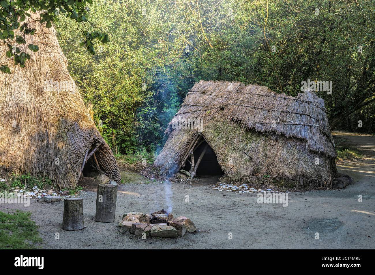 Cabanes de l'âge de pierre avec foyer fumant et chaume de roseau, reconstruction de colonies mésolithiques en Irlande Banque D'Images