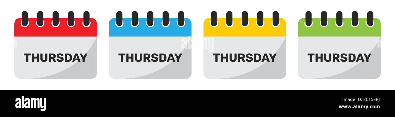 Icône de calendrier jeudi définie en rouge, bleu, jaune et vert. Ensemble d'icônes de calendrier de jeudi plat isolé sur un fond blanc Illustration de Vecteur