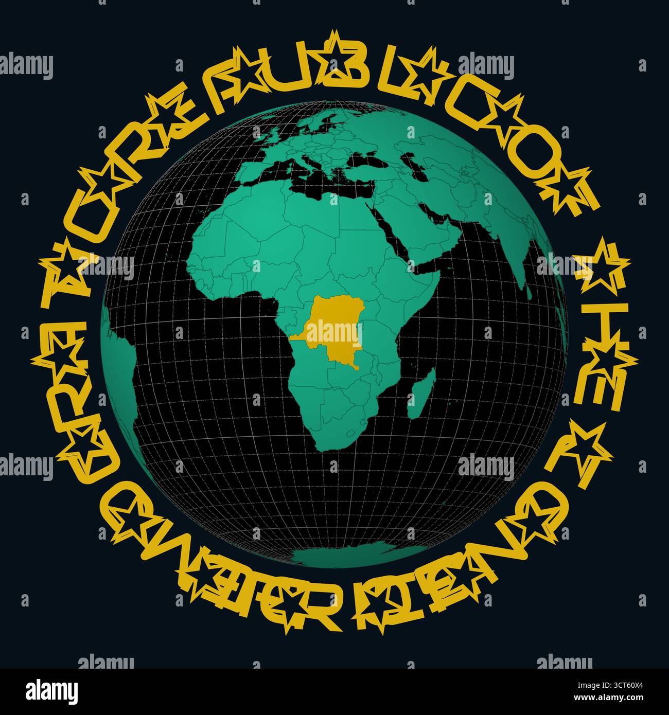 République démocratique du Congo sur Globe. Arrondissez le texte du nom du pays et du continent. Vue du pays sur la carte du monde dans la palette de couleurs Black Emerald. Illustration de Vecteur République démocratique du Congo sur Globe. Arrondissez le texte du nom du pays et du continent. Vue du pays sur la carte du monde dans la palette de couleurs Black Emerald. Illustration de Vecteur