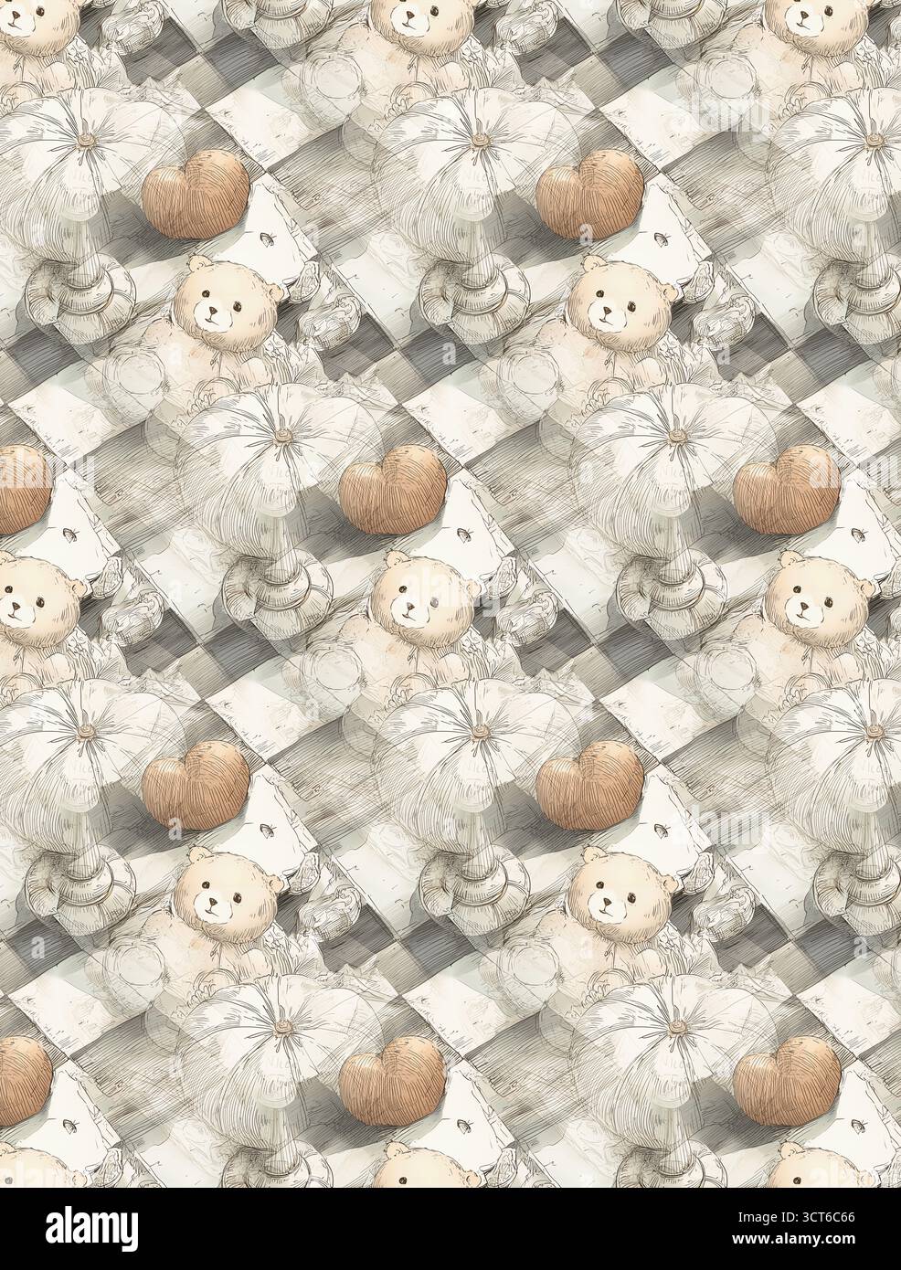 Un motif de style vintage sans couture avec des ours en peluche, des coeurs et des formes de citrouille disposés sur un fond à carreaux subtils dans des couleurs douces. Banque D'Images
