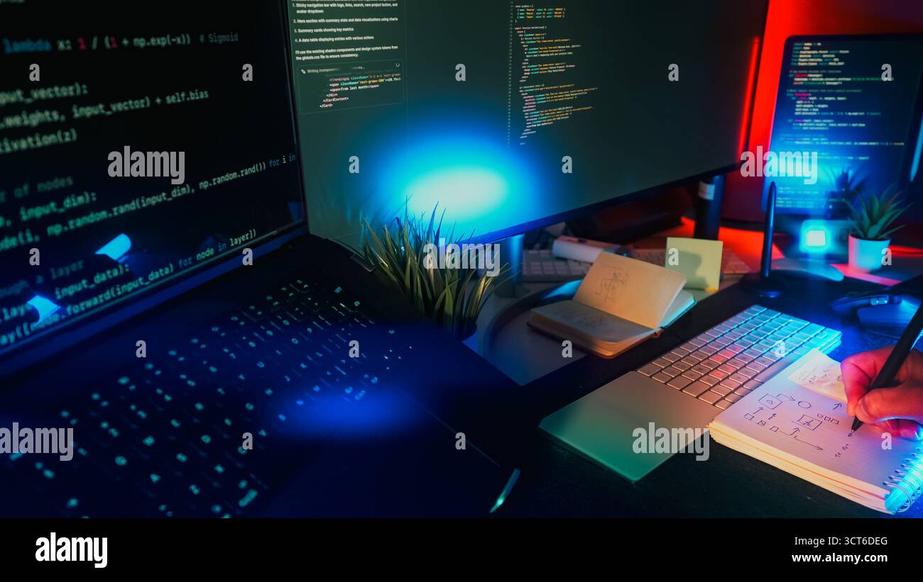 PROCEDE de conception de notes de DEVELOPPEMENT de code informatique pour espace de travail de programmation Station de travail moderne de développeur de logiciels avec plusieurs écrans affichant le code, handw Banque D'Images