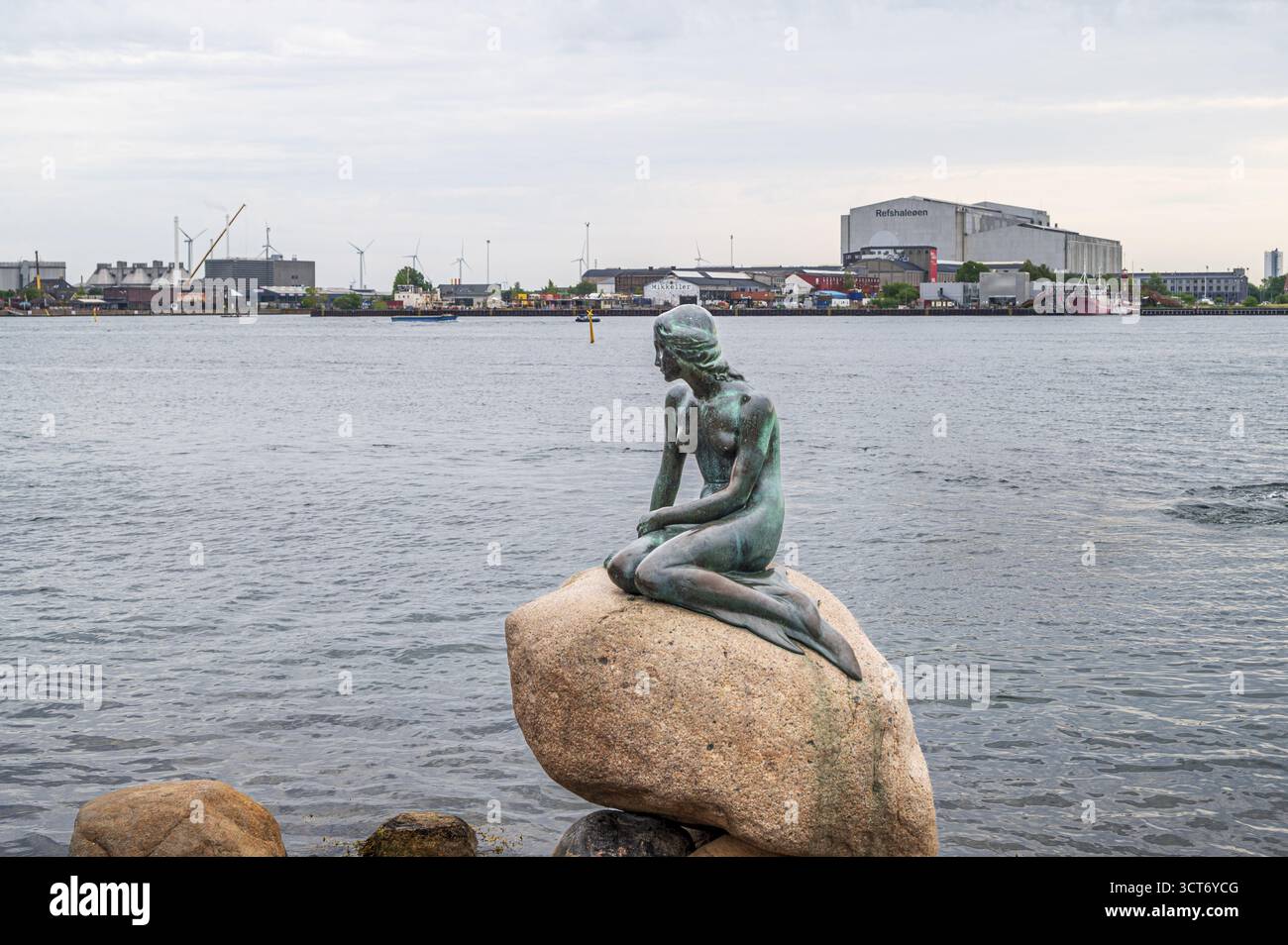 Statue en bronze d'une sirène dans la zone du port sur un rocher, eau calme, Copenhague, Danemark Banque D'Images