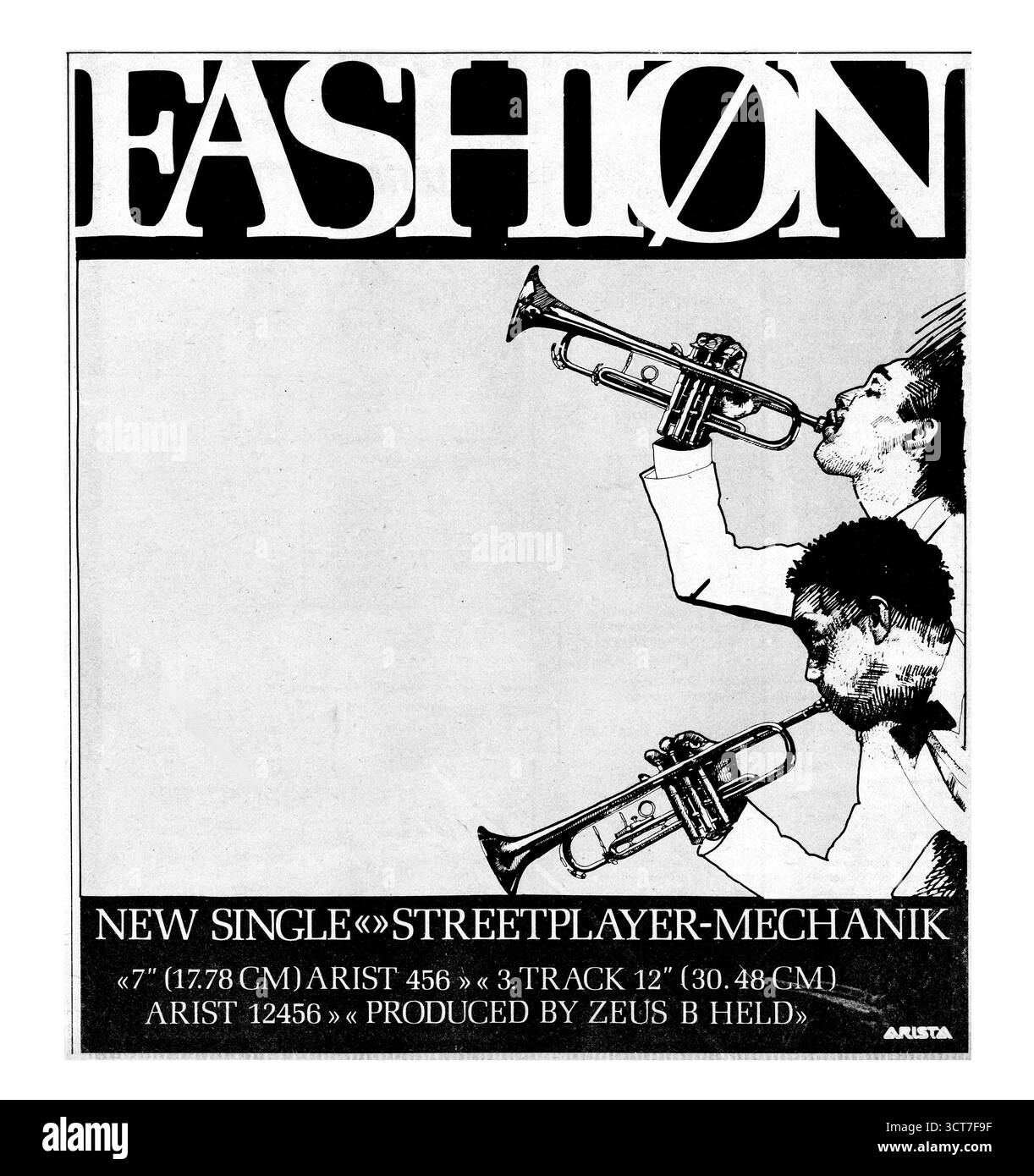 Groupe pop Fashion, nouveau single sur Arista Records, Street Player. versions 7 pouces et 12 pouces. Mars 1982. Numérisé à partir de papier musical. Banque D'Images