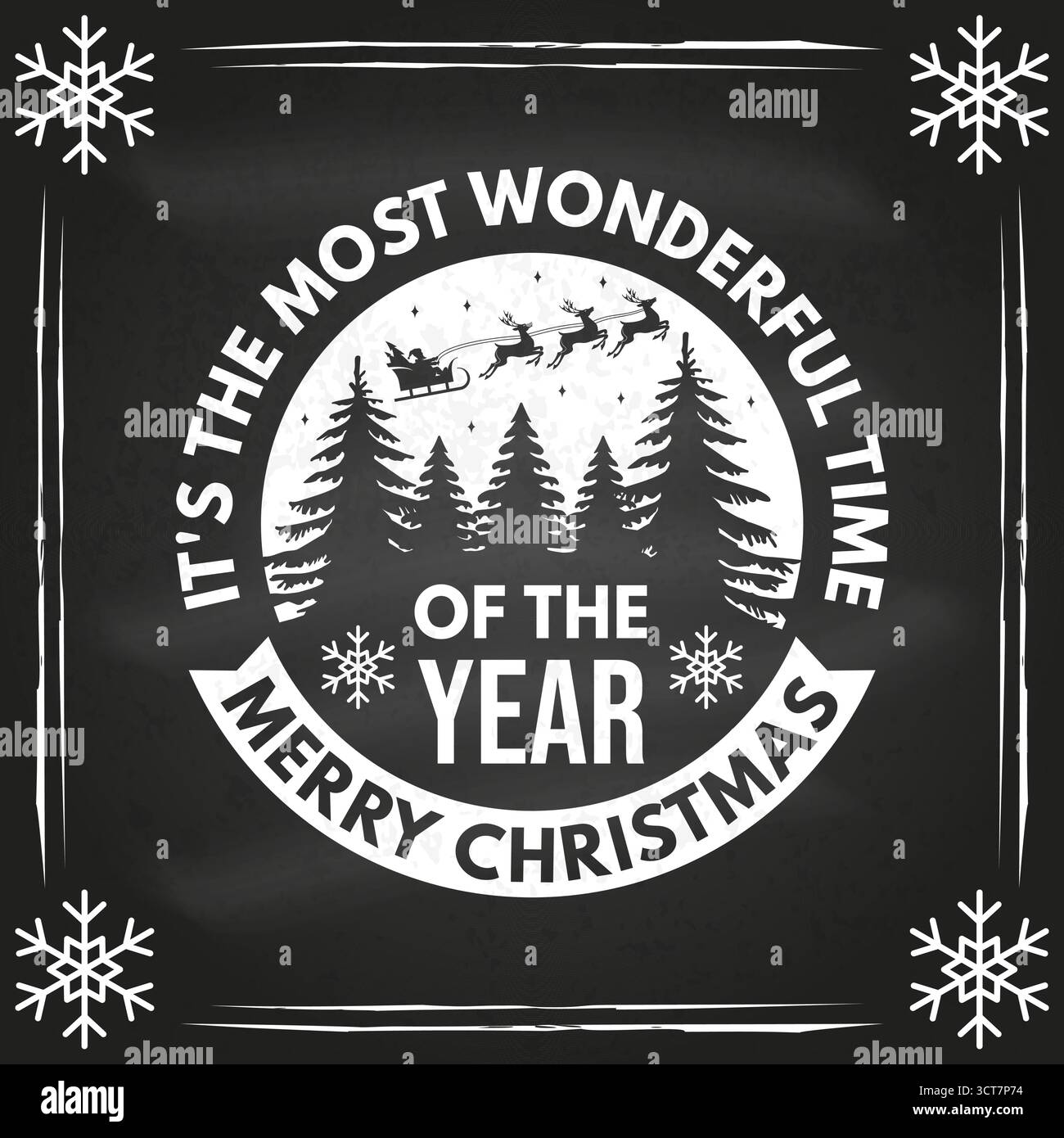 C'est la période la plus merveilleuse de l'année. Timbre joyeux Noël et bonne année, autocollant avec arbres et Père Noël en traîneau avec renne sur Illustration de Vecteur C'est la période la plus merveilleuse de l'année. Timbre joyeux Noël et bonne année, autocollant avec arbres et Père Noël en traîneau avec renne sur Illustration de Vecteur