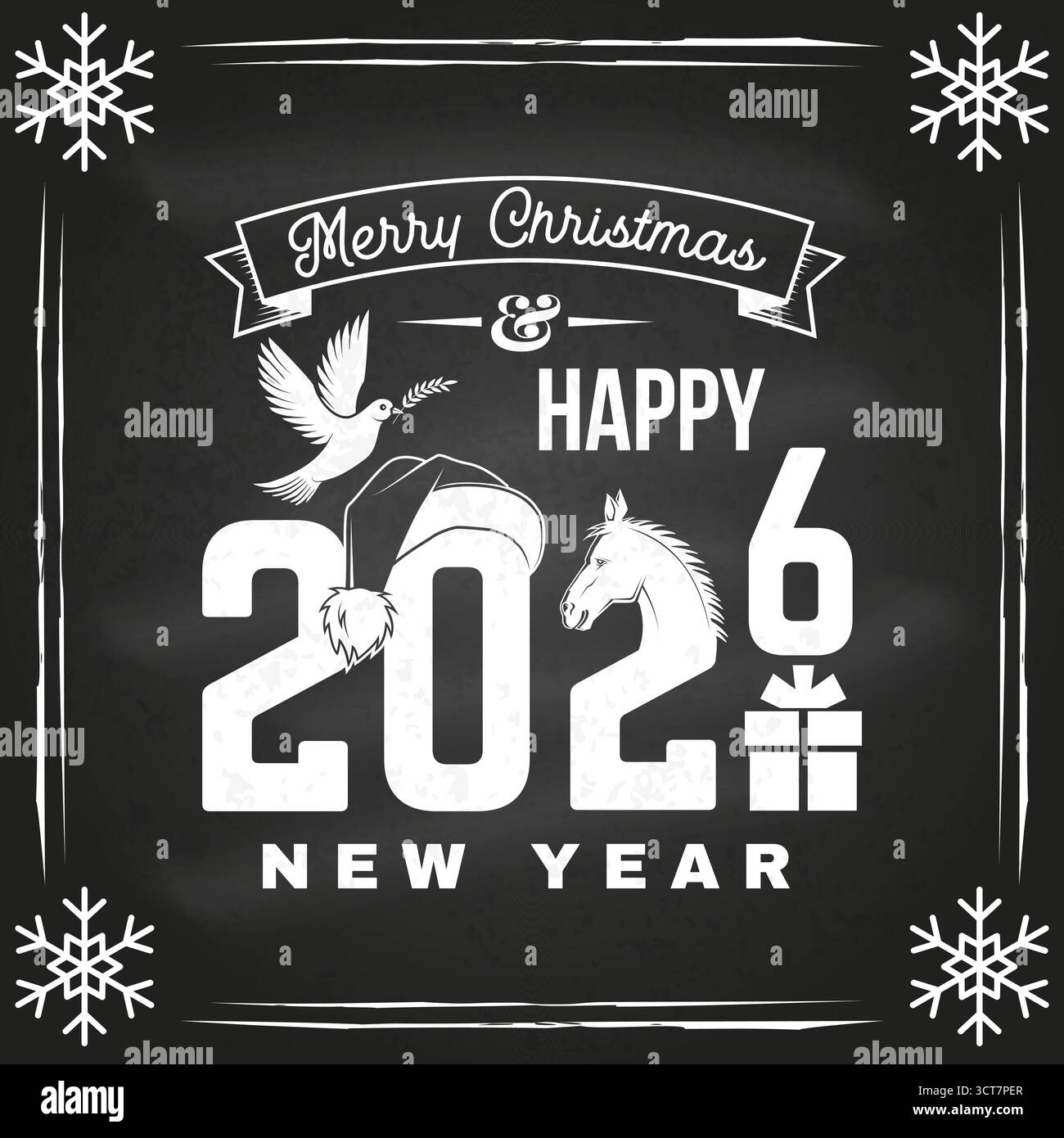 Joyeux Noël et timbre de bonne année 2026, ensemble d'autocollants avec cheval, cadeau de Noël, chapeau de Père Noël et colombe de la paix sur le tableau. Vecteur. Vintage Illustration de Vecteur Joyeux Noël et timbre de bonne année 2026, ensemble d'autocollants avec cheval, cadeau de Noël, chapeau de Père Noël et colombe de la paix sur le tableau. Vecteur. Vintage Illustration de Vecteur