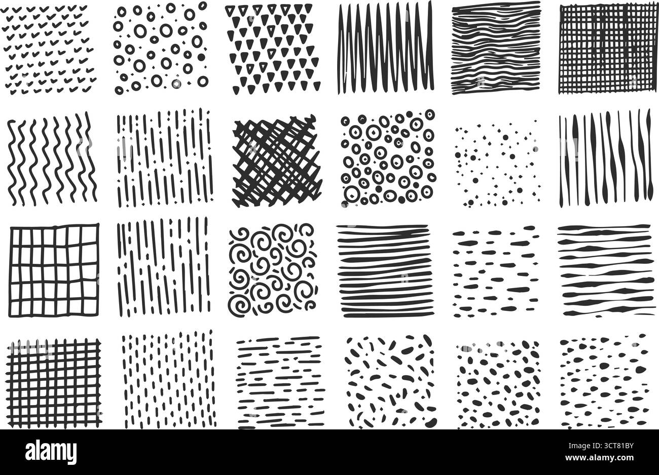 Motifs avec texture hachurée. Croquis dessinés à la main au crayon avec des lignes de gribouillage, des points et des griffonnages. Collection vectorielle noire d'encre Illustration de Vecteur