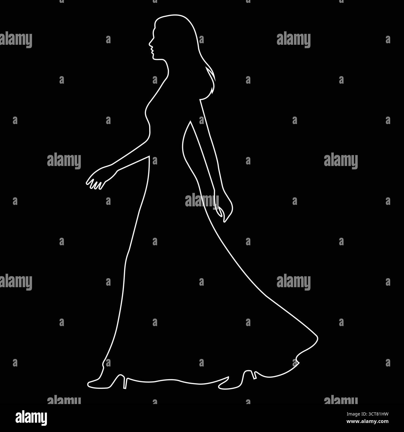 Cette illustration gracieuse d'art au trait représente une femme dans une robe fluide, capturée dans un profil latéral sur un fond noir. Illustration de Vecteur