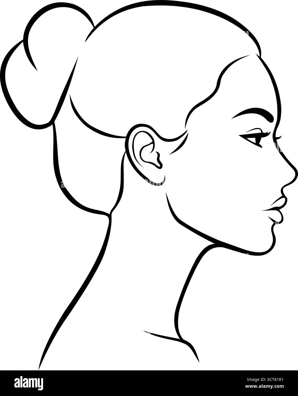 Cette élégante illustration de dessin au trait présente une vue de profil d'une femme avec ses cheveux coiffés dans un chignon soigné. Illustration de Vecteur