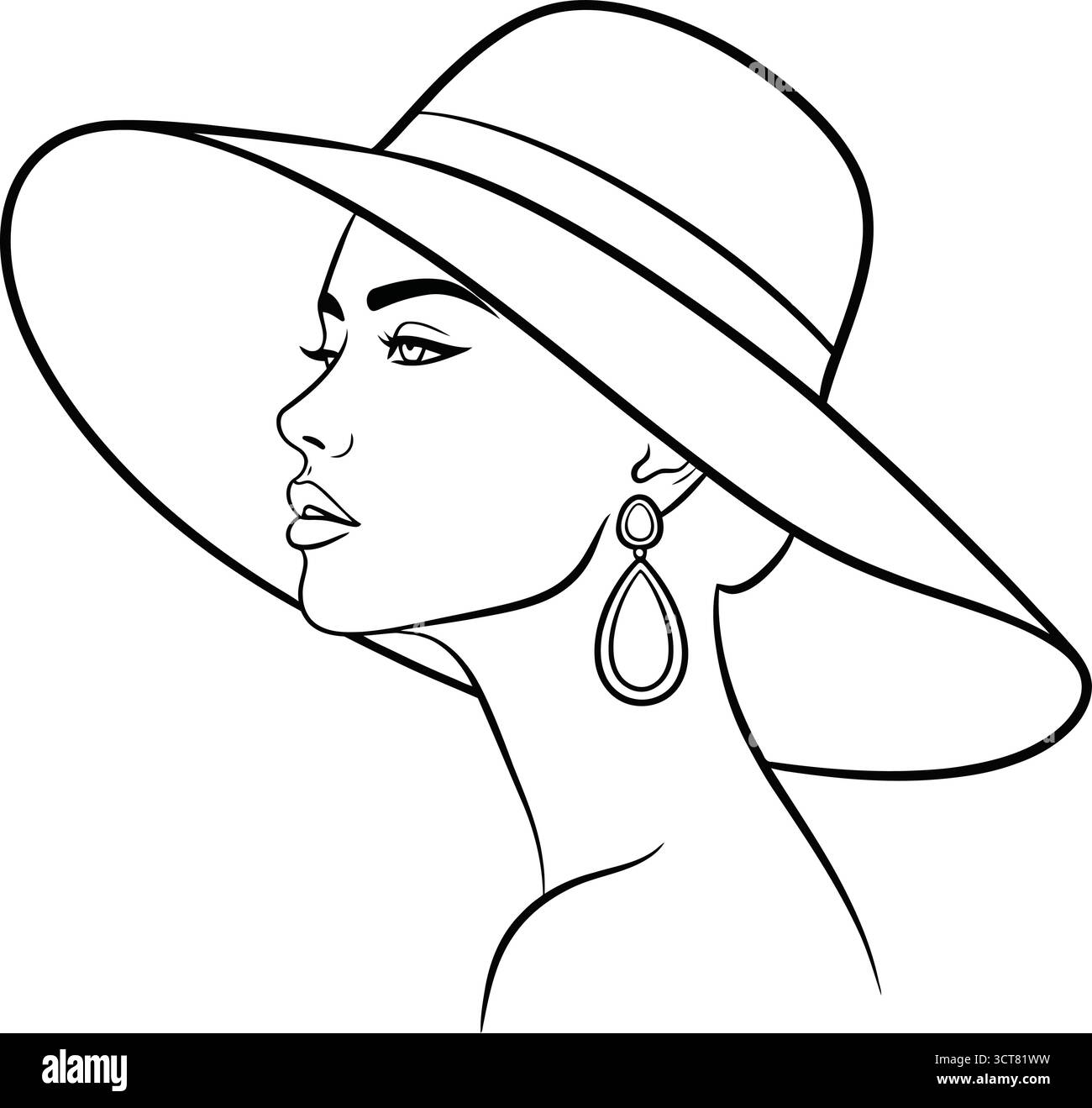Cette élégante illustration au trait représente une femme portant un chapeau à large bord et des boucles d'oreilles élégantes. Illustration de Vecteur