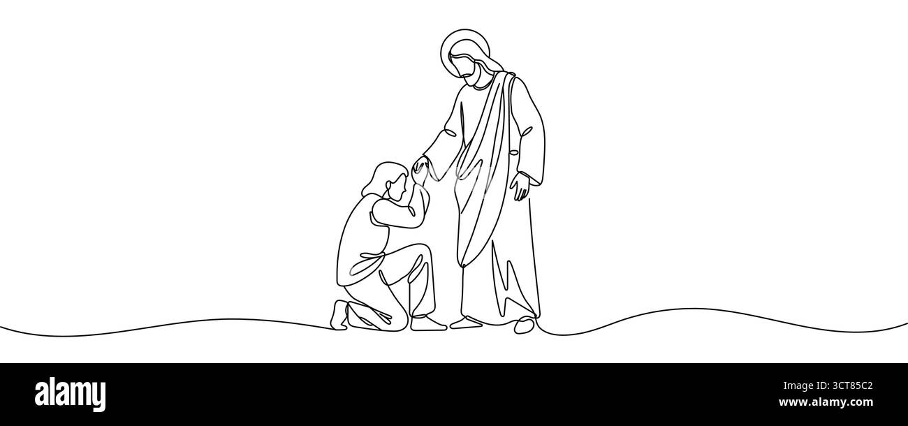 Jésus Christ guérissant un homme continu d'une ligne dessinant un trait modifiable. Illustration de Vecteur