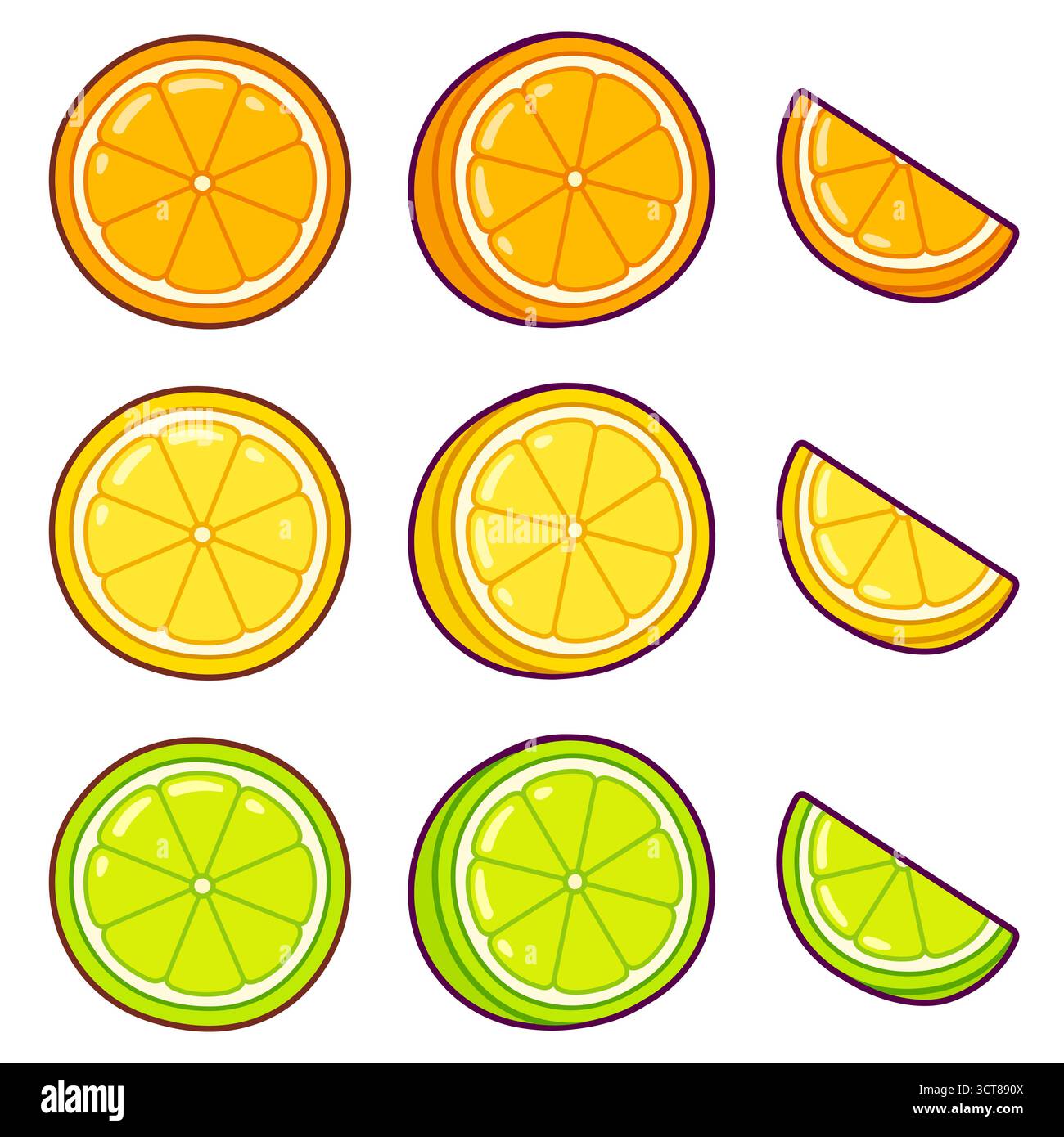 Ensemble stylisé d'agrumes de dessin animé. Section transversale orange, citron et citron vert, moitié, coin. Illustration clipart vectorielle mignonne. Illustration de Vecteur