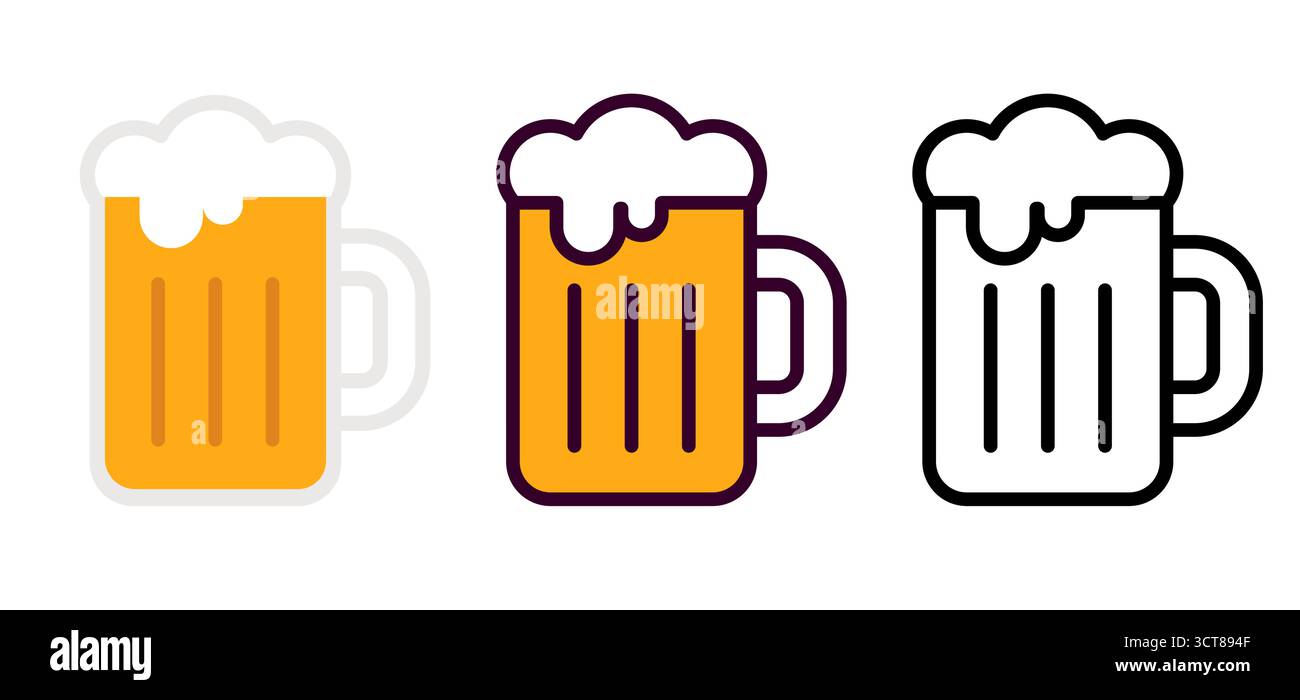 Ensemble de symboles de tasse à bière, verre de pub traditionnel. Icône de ligne noire et blanche, couleur et dessin de dessin animé plat. Illustration clip art vectorielle simple. Illustration de Vecteur