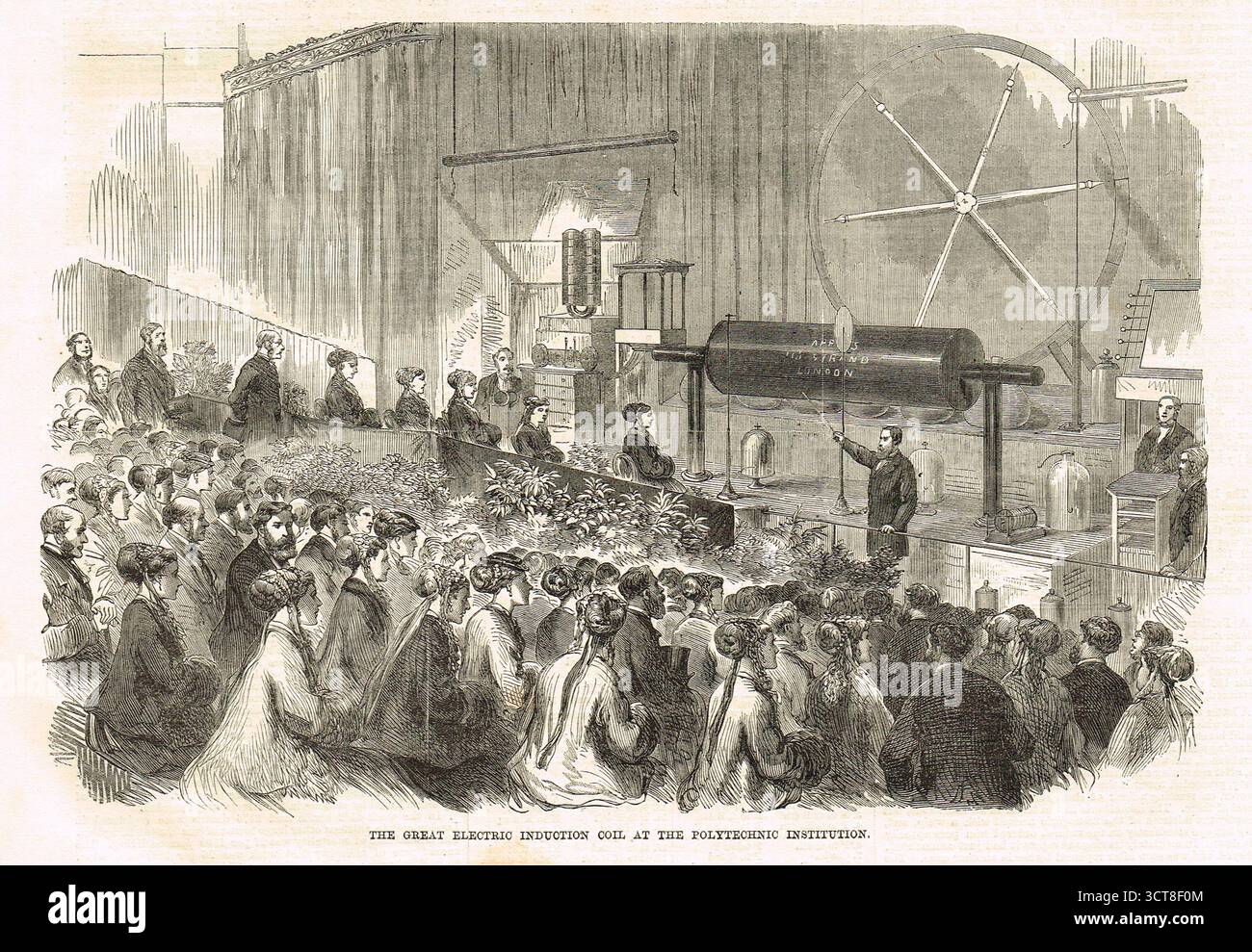 Professeur Pepper démontrant la grande bobine d'induction électrique, à la Royal Polytechnic institution de Londres, 1869 Banque D'Images