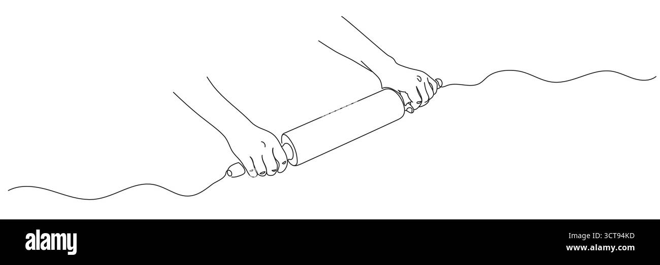 Dessin continu sur une ligne d'un rouleau à pâtisserie tenant à la main. Ligne modifiable. Illustration vectorielle Illustration de Vecteur