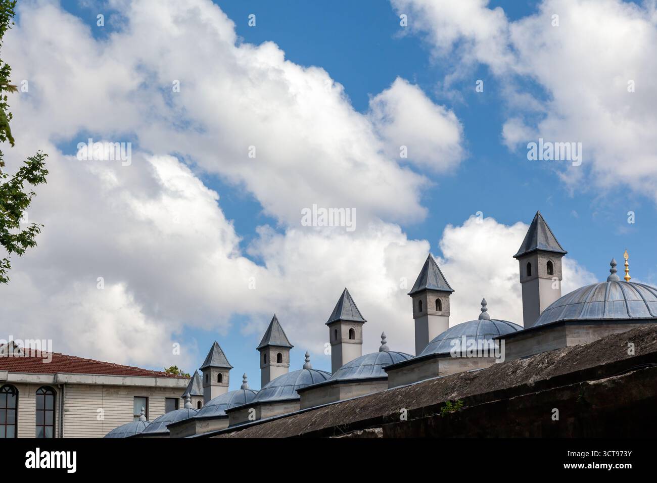 Dômes et cheminées de style ottoman de la Fondation Sultanahmet à Istanbul, Turquie, sous un ciel bleu lumineux avec de beaux nuages blancs, à Istanbul. Banque D'Images