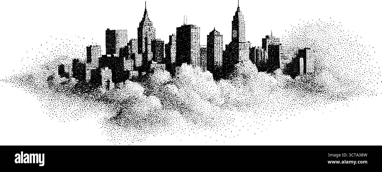 Horizon urbain brumeux avec pointillés détaillés pour la conception d'affiches. Illustration de Vecteur