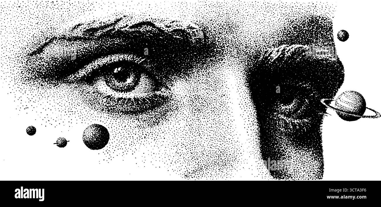 Illustration de visage surréaliste avec des éléments célestes dans le style dotwork. Illustration de Vecteur