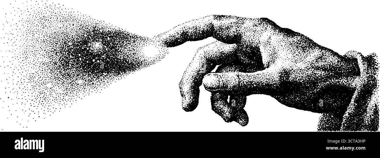 Main atteignant avec la technique de pointillés dotwork - illustration artistique détaillée pour des conceptions créatives. Illustration de Vecteur