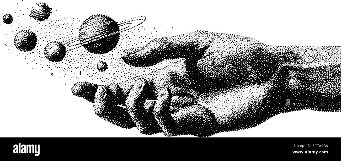 Exploration cosmique : conception complexe de dotwork d'une main tenant des planètes. Illustration de Vecteur