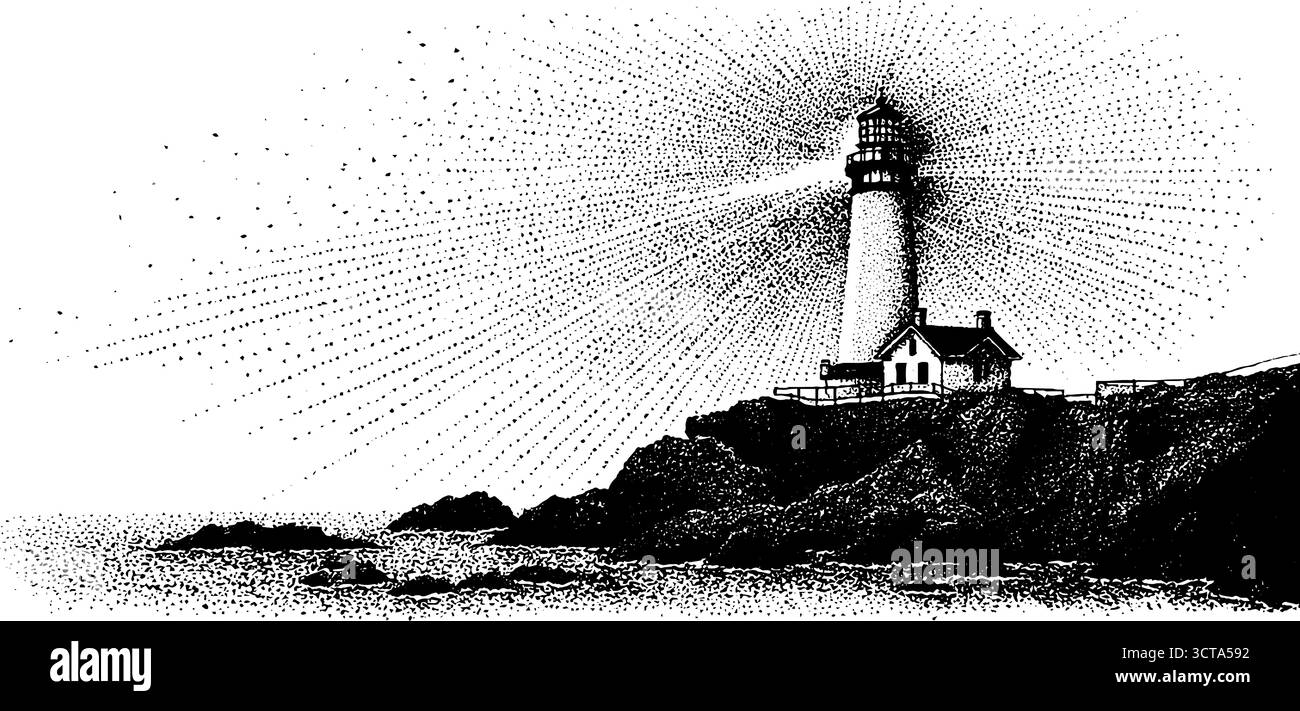 Pointillés complexes du phare pittoresque sur la côte rocheuse pour la conception artistique. Illustration de Vecteur