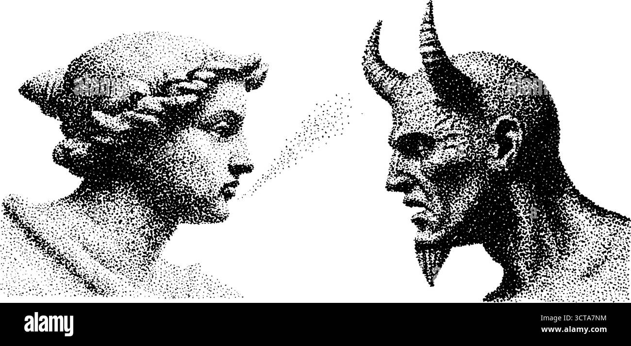 Art détaillé de pointillés d'ange et de démon dans la vue de profil. Illustration de Vecteur